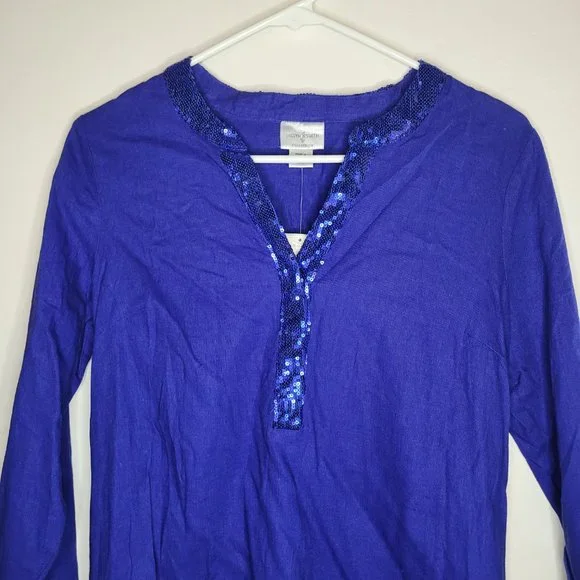 Jaclyn Smith Top Linen Blend Womens Tunic Blue Small 3/4 Sleeve Sequin Resort - Picture 2 of 12